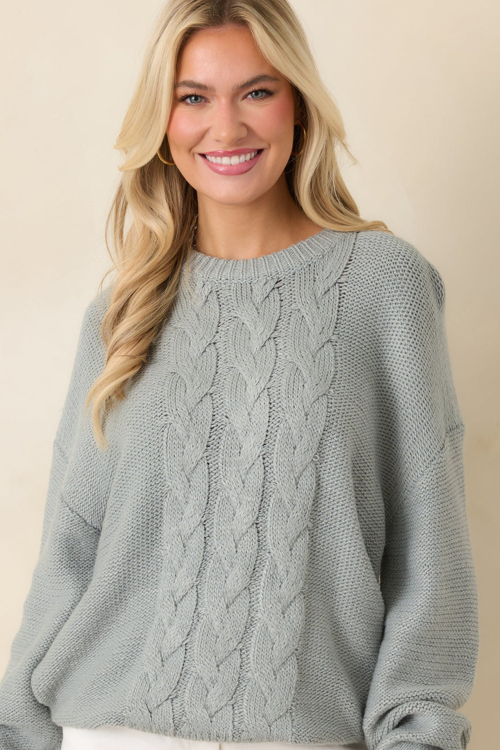 Moments in Stillness Stone Blue Cable Knit Sweater
