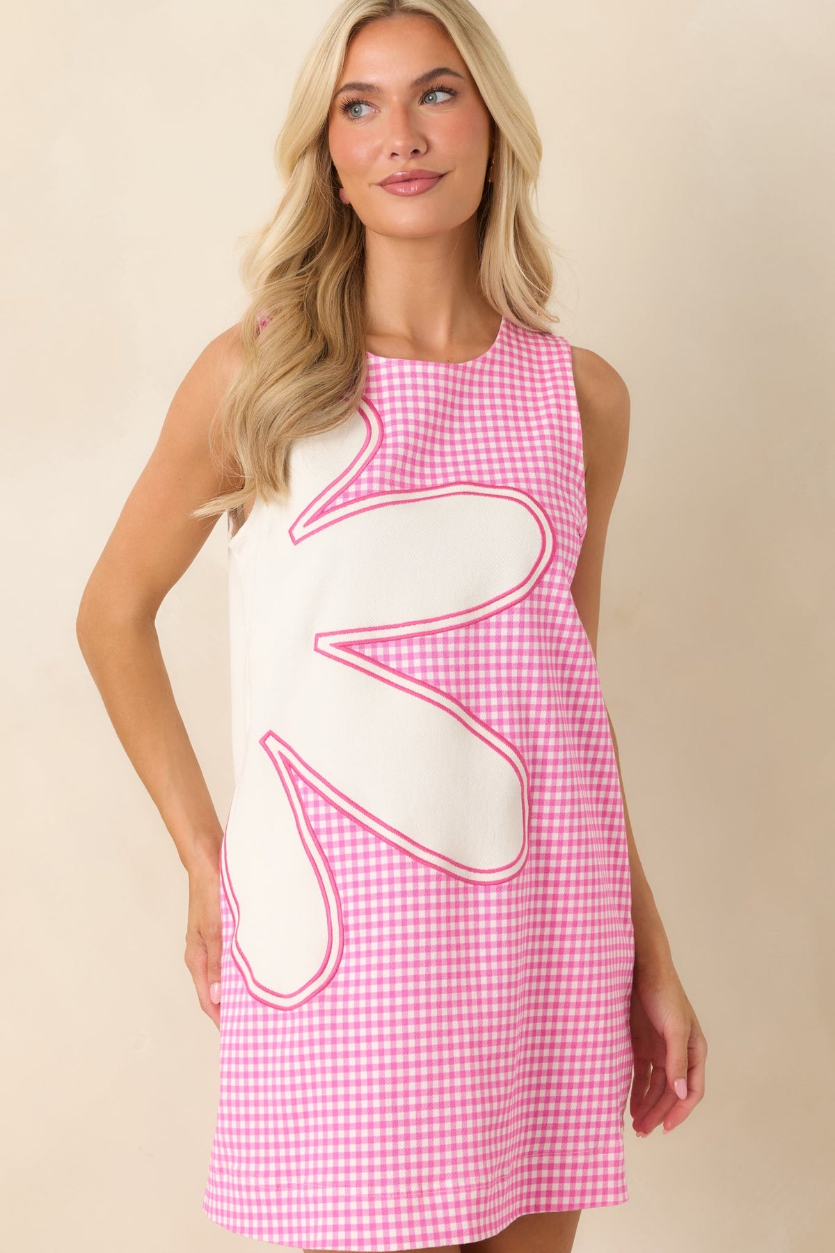 Instant Joy Pink Gingham Cotton Appliqué Mini Shift Dress