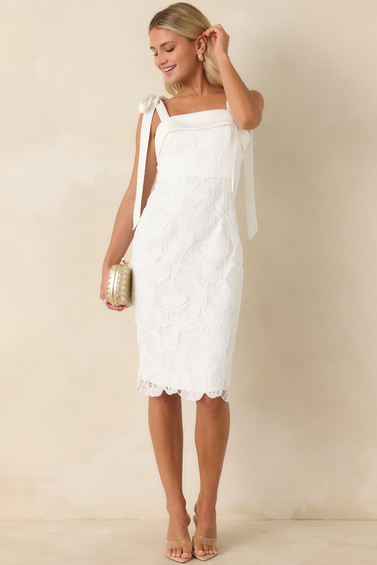 Feels Like Fate Ivory Lace Tie Strap Midi Dress