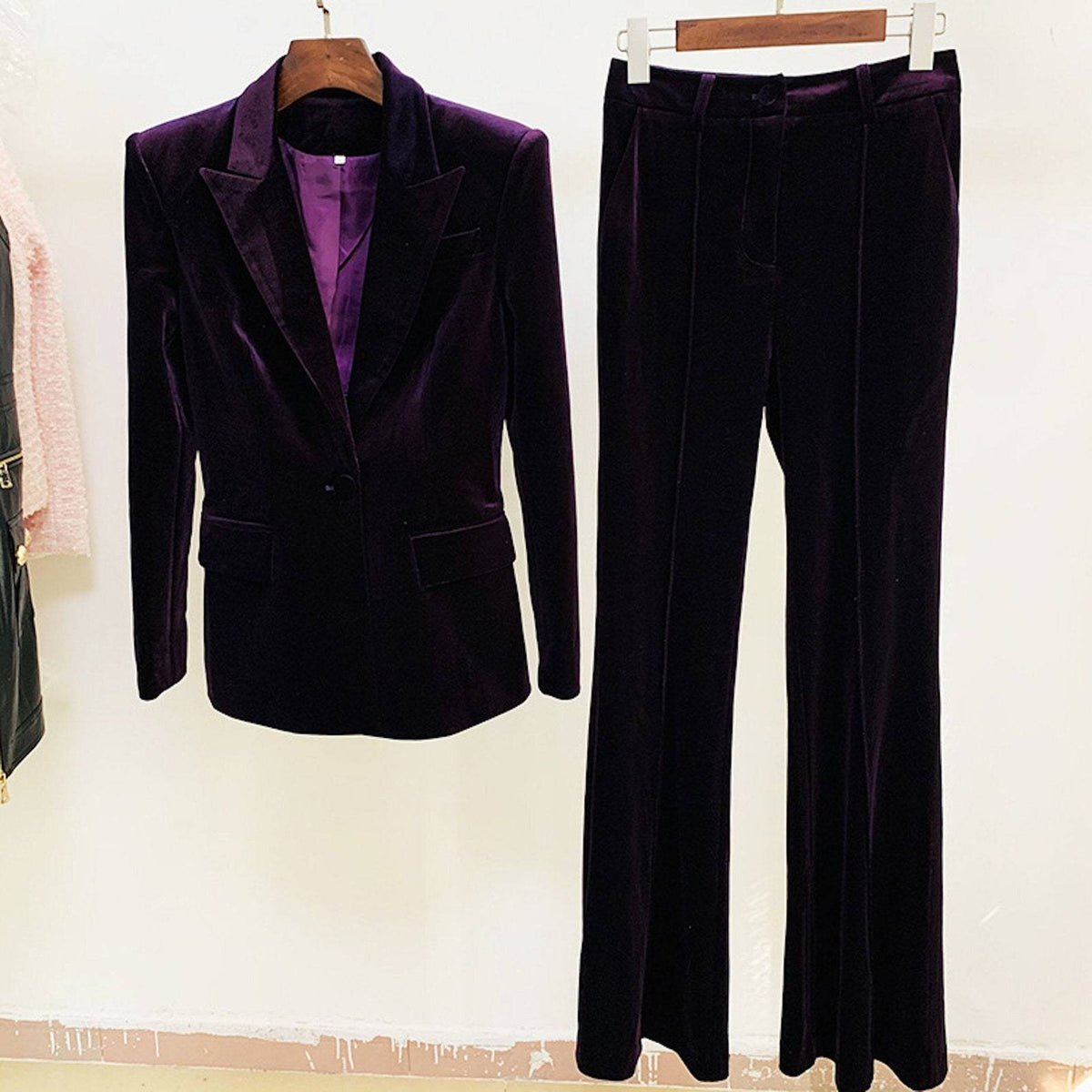 Women Green Velvet Blazer + Flare Trousers Suit