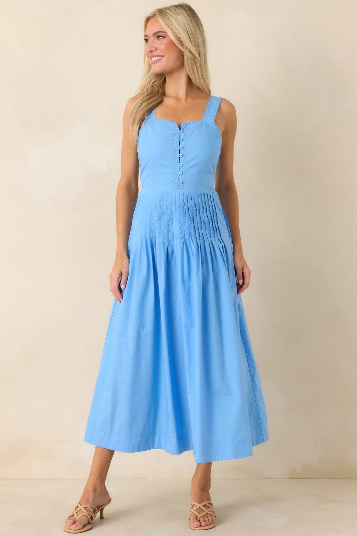 Sunny Stroll Light Blue Cotton Pleated Midi Dress