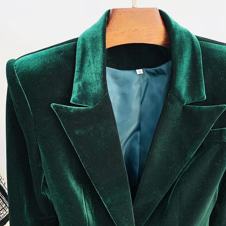Women Green Velvet Blazer + Flare Trousers Suit