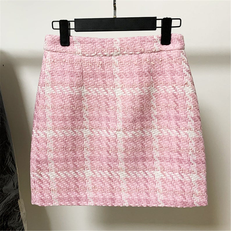 Women's Jewellery Buttons Tweed Pink Crop Blazer + Skirt