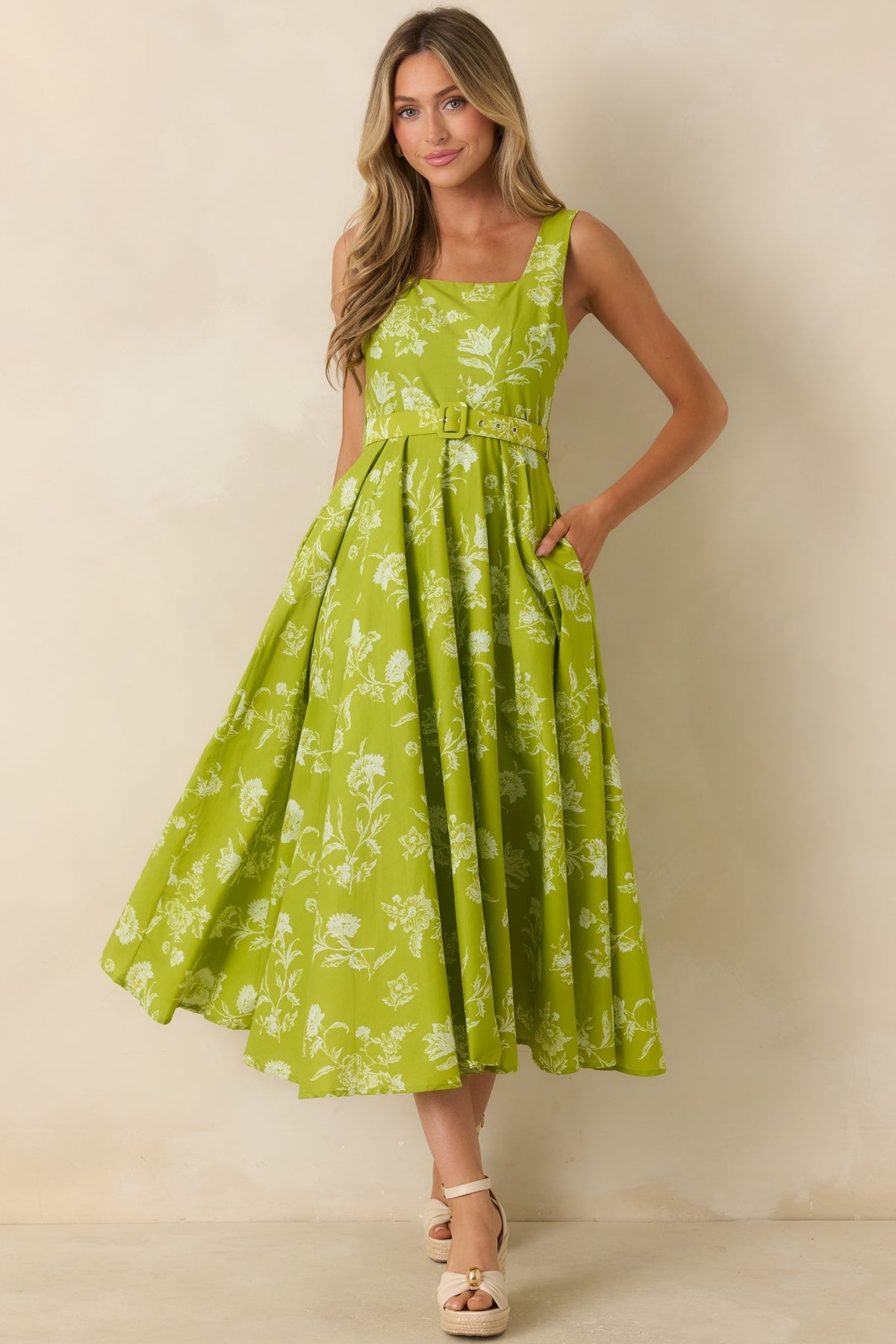 Fresh Air & Flowers Chartreuse Floral Cotton Midi Dress