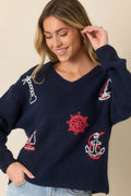 Anchored in Style Navy Multi Knit Nautical V-Neck Sweater