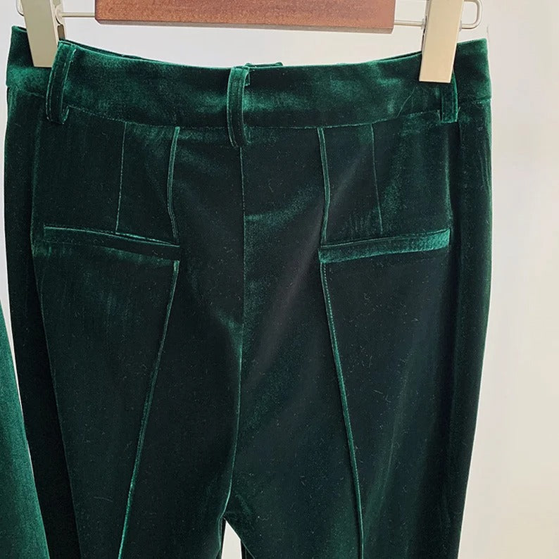 Women Green Velvet Blazer + Flare Trousers Suit