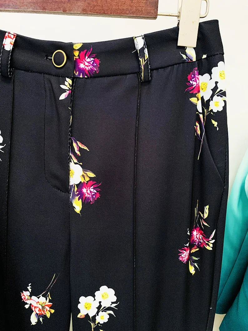 Black Floral Suit Fitted Blazer + Flare Trousers