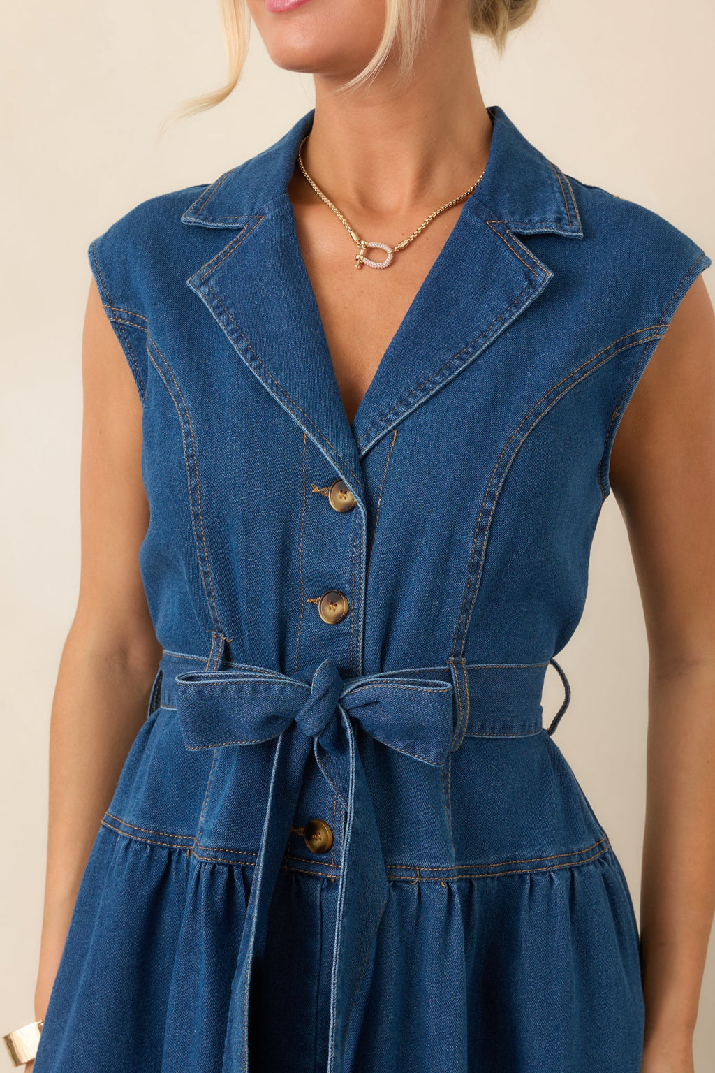 I'm All In Dark Wash Denim Tie-Belt Midi Dress