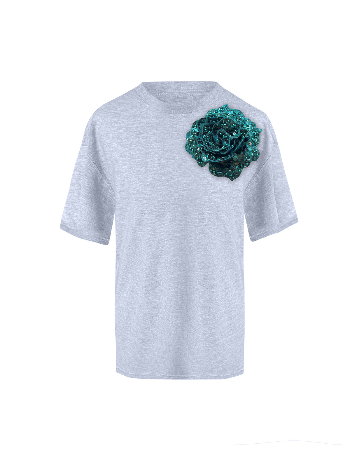Grey Cotton T-Shirt With Sequin Flower