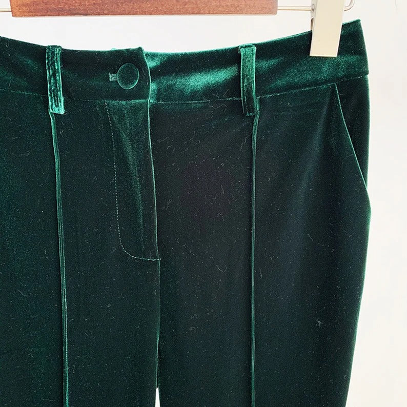 Women Green Velvet Blazer + Flare Trousers Suit