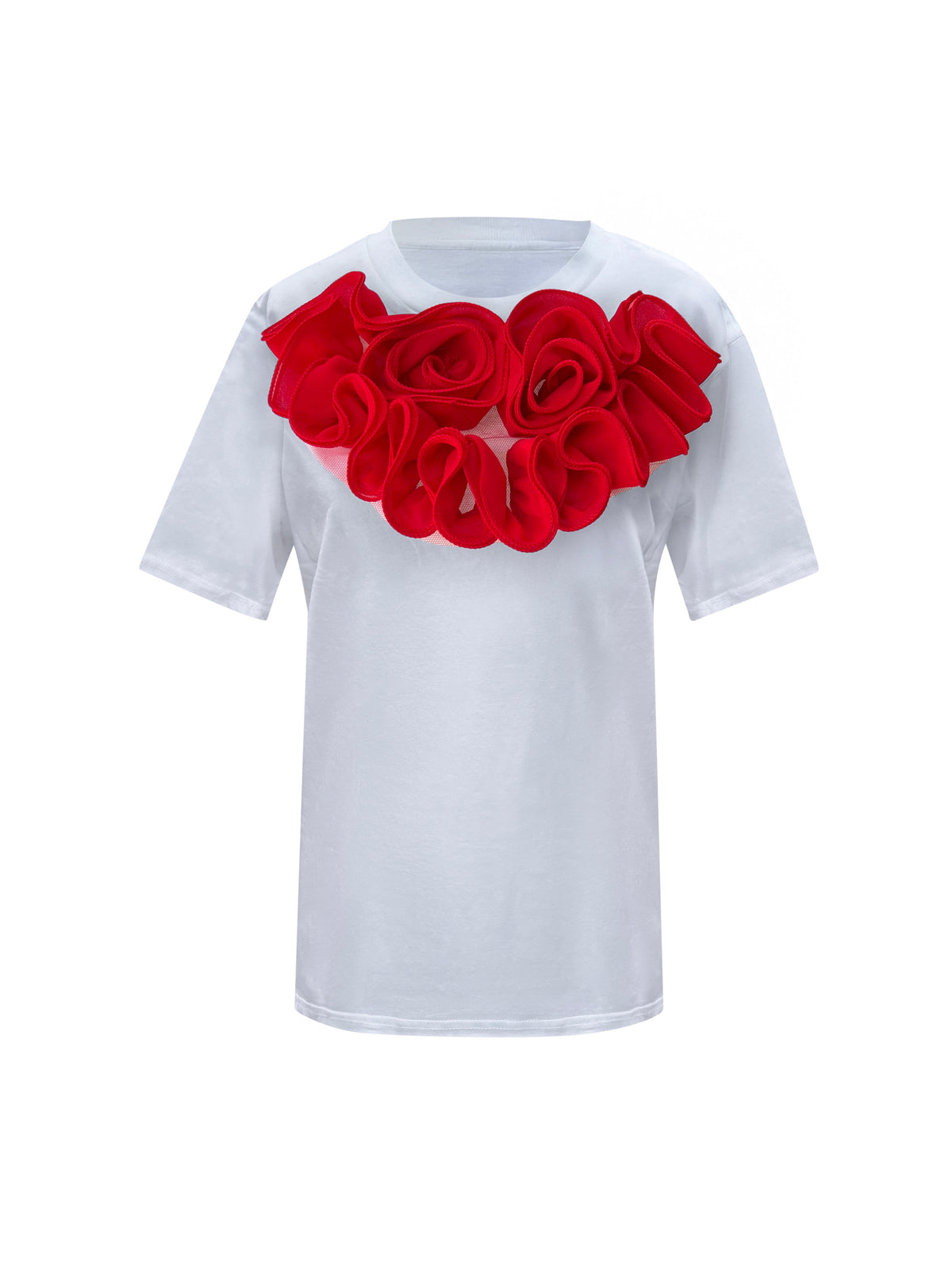Red Middle Large Roses Cotton T-Shirt