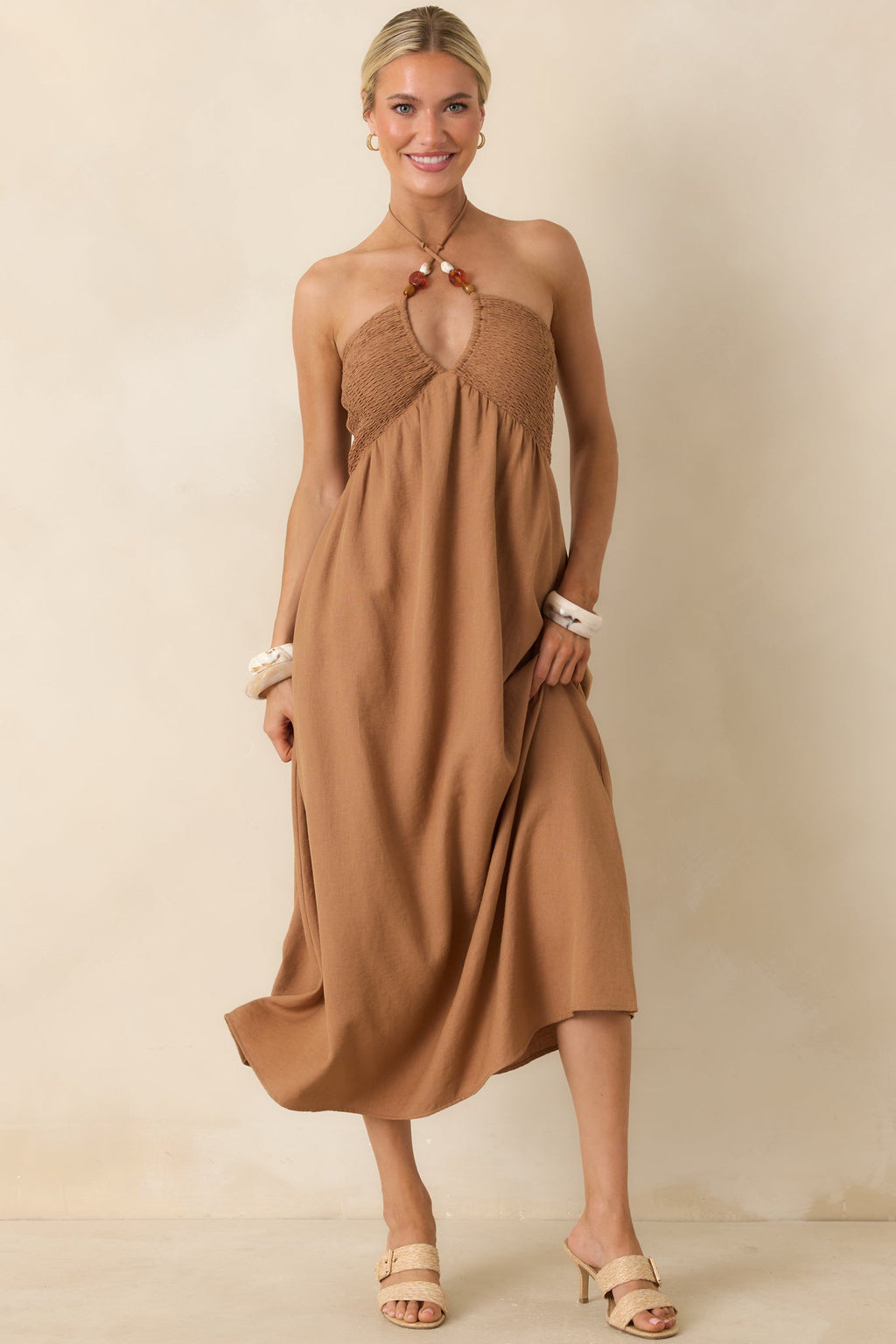 Life is But a Dream Chestnut Brown Beaded Halter Midi Dress