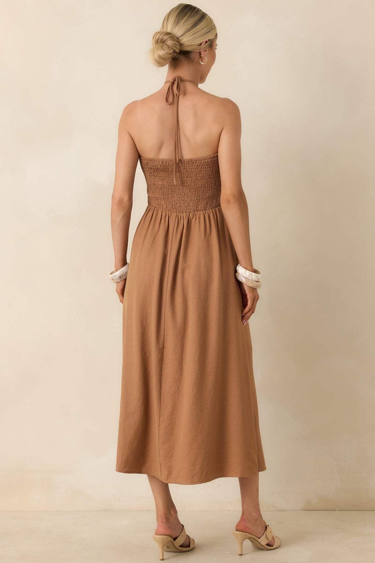 Life is But a Dream Chestnut Brown Beaded Halter Midi Dress