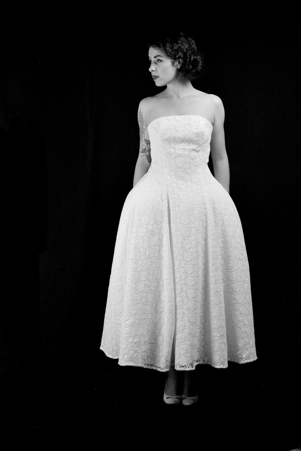 1950 - (reserved) Strapless Ivory Guipure Lace Midi Dress