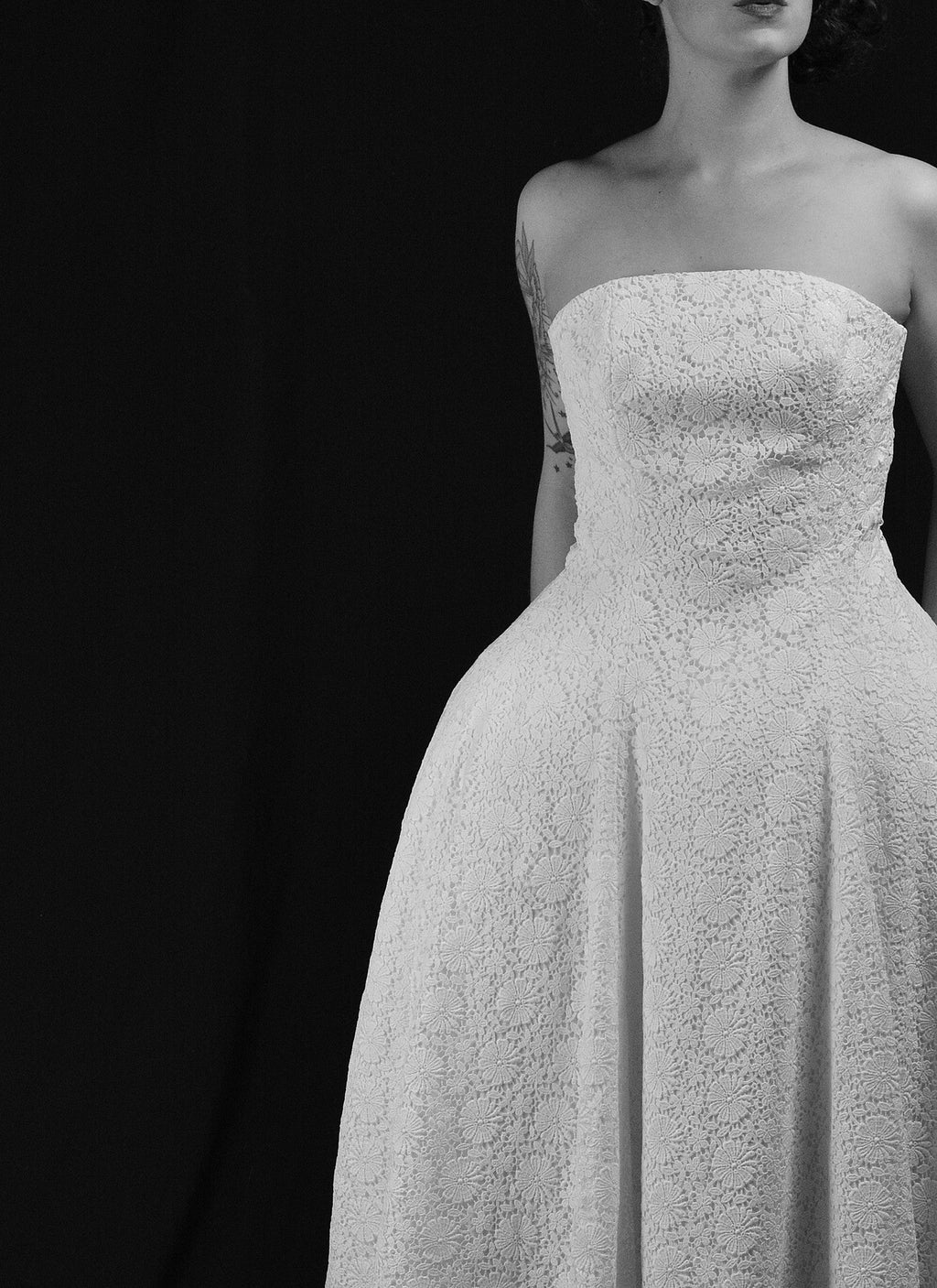 1950 - (reserved) Strapless Ivory Guipure Lace Midi Dress