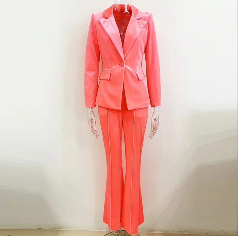 Women and Teens Orange Pink Blazer + Mid-High Rise Flare Trousers Pants Suit, Graduation, Speech Day, Birthday Party,