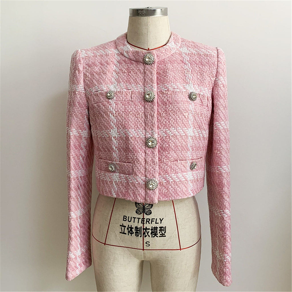 Women's Jewellery Buttons Tweed Pink Crop Blazer + Skirt