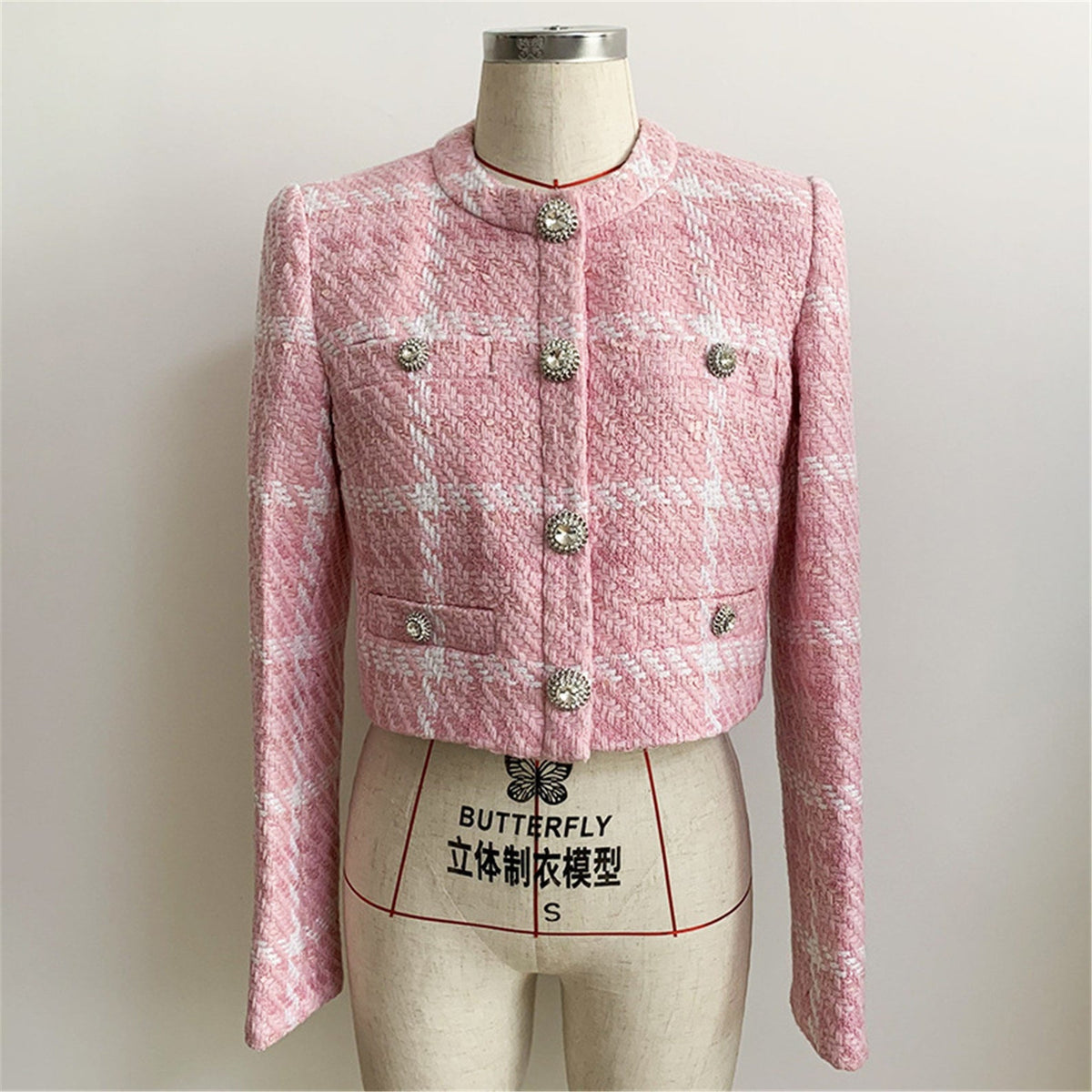 Women's Jewellery Buttons Tweed Pink Crop Blazer + Skirt