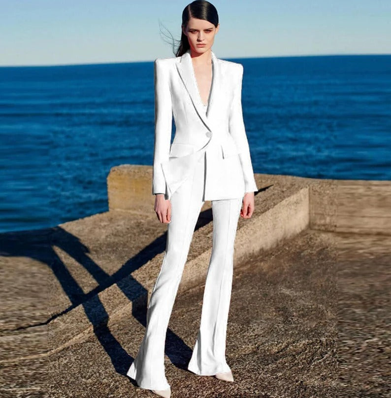 Women One-Button Blazer + Flare Trousers Suit - 6 Colors Available