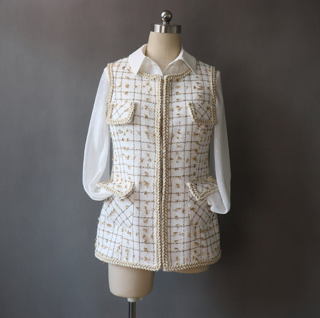 Women's Designer Inspired CUSTOM MADE Golden Check Pattern Tweed Vest Gilet