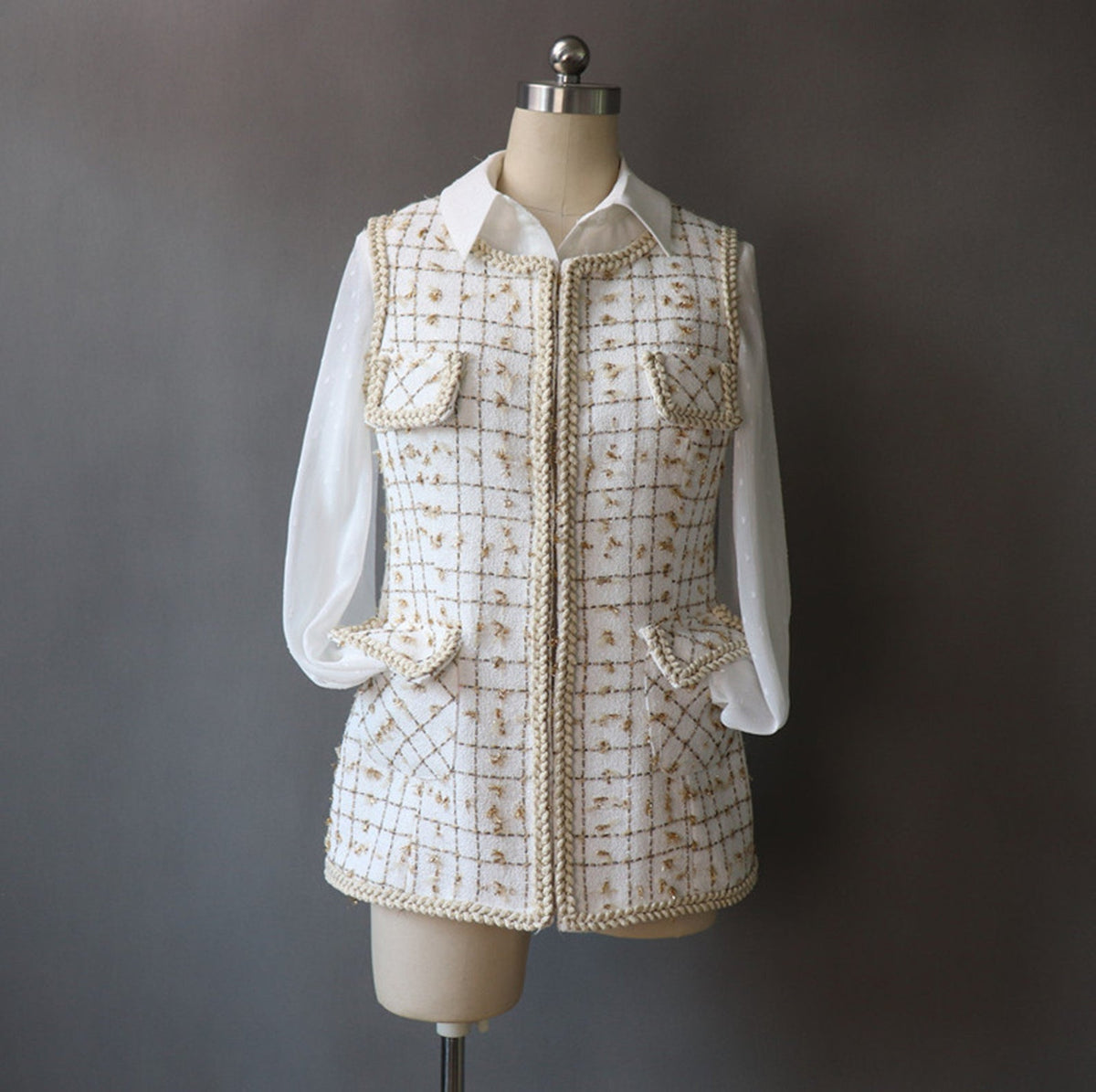 Women's Designer Inspired CUSTOM MADE Golden Check Pattern Tweed Vest Gilet