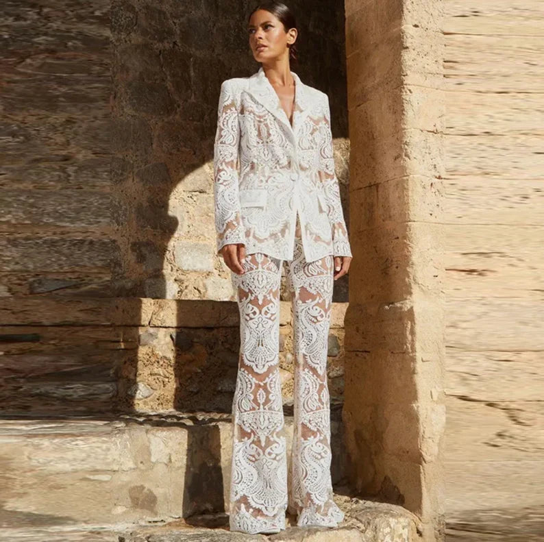 Women Luxury Sequinned Mesh Lace Bohemian Style+ Flare Trousers Pants Suit