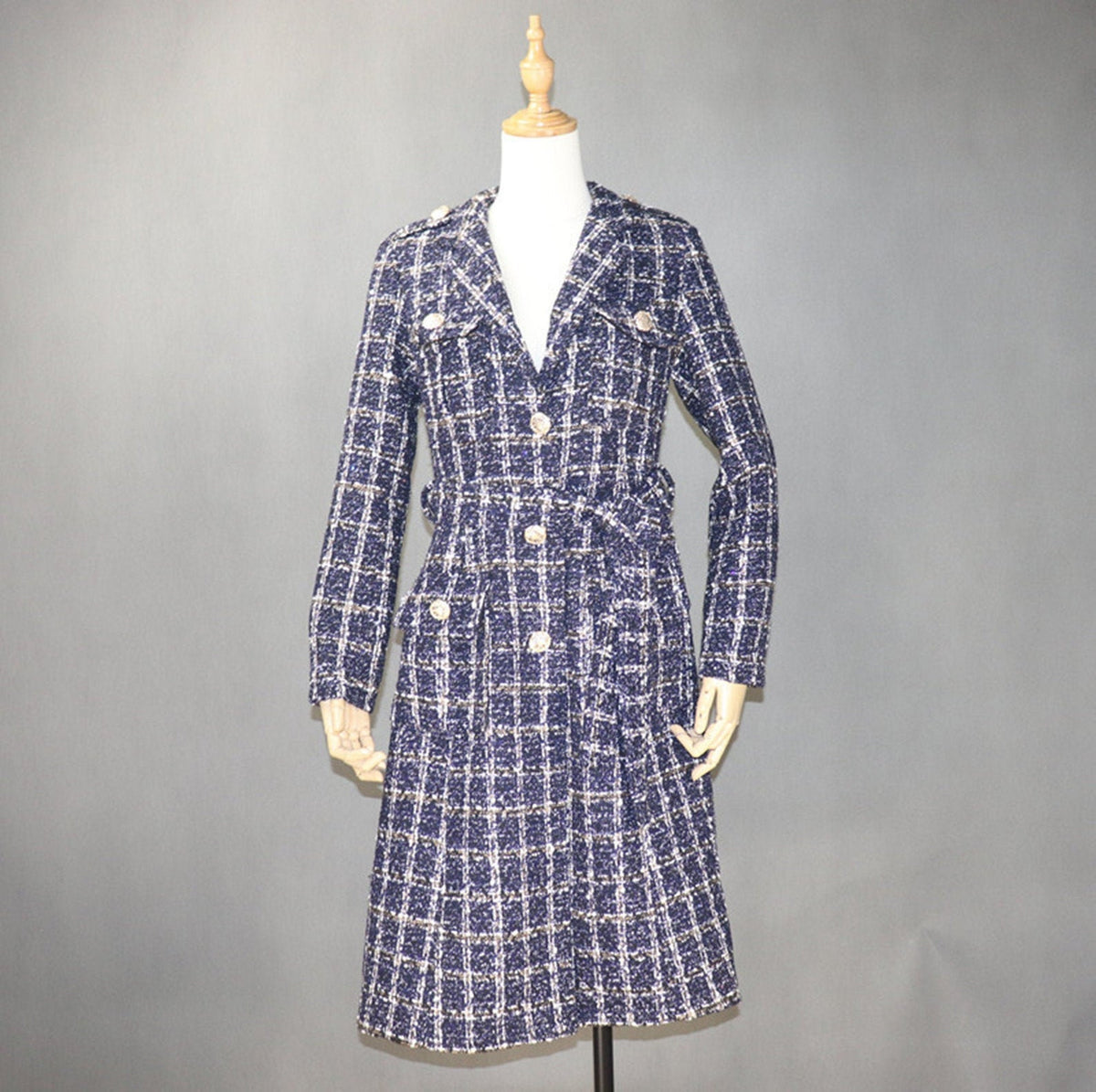 Women Designer Inspired Tweed Wool Blend Sequined Trench Coat Outwear Belted