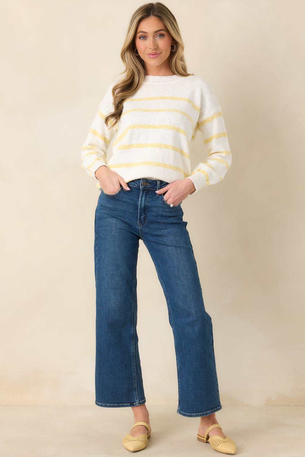 My Day Off Ivory & Yellow Cotton Stripe Sweater