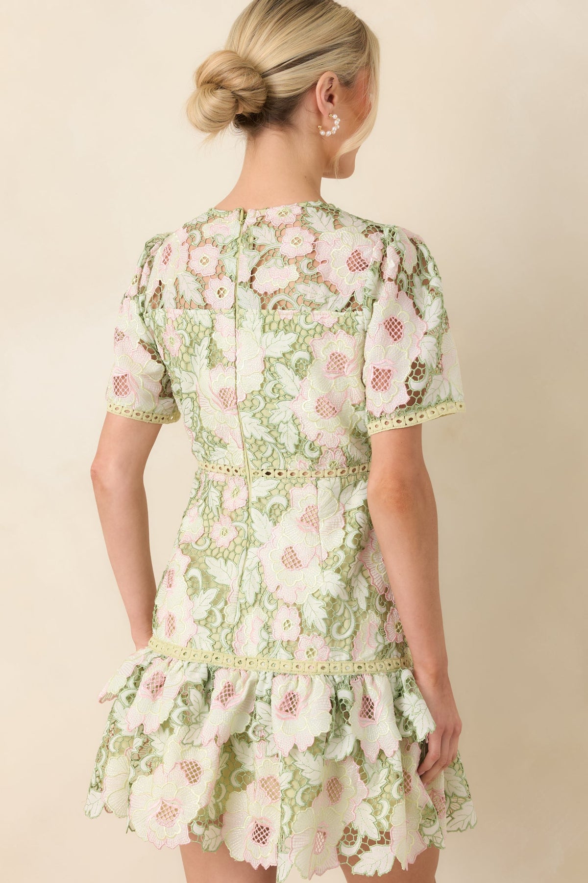 Petal Poetry Green & Pink Floral Lace Ruffle Mini Dress