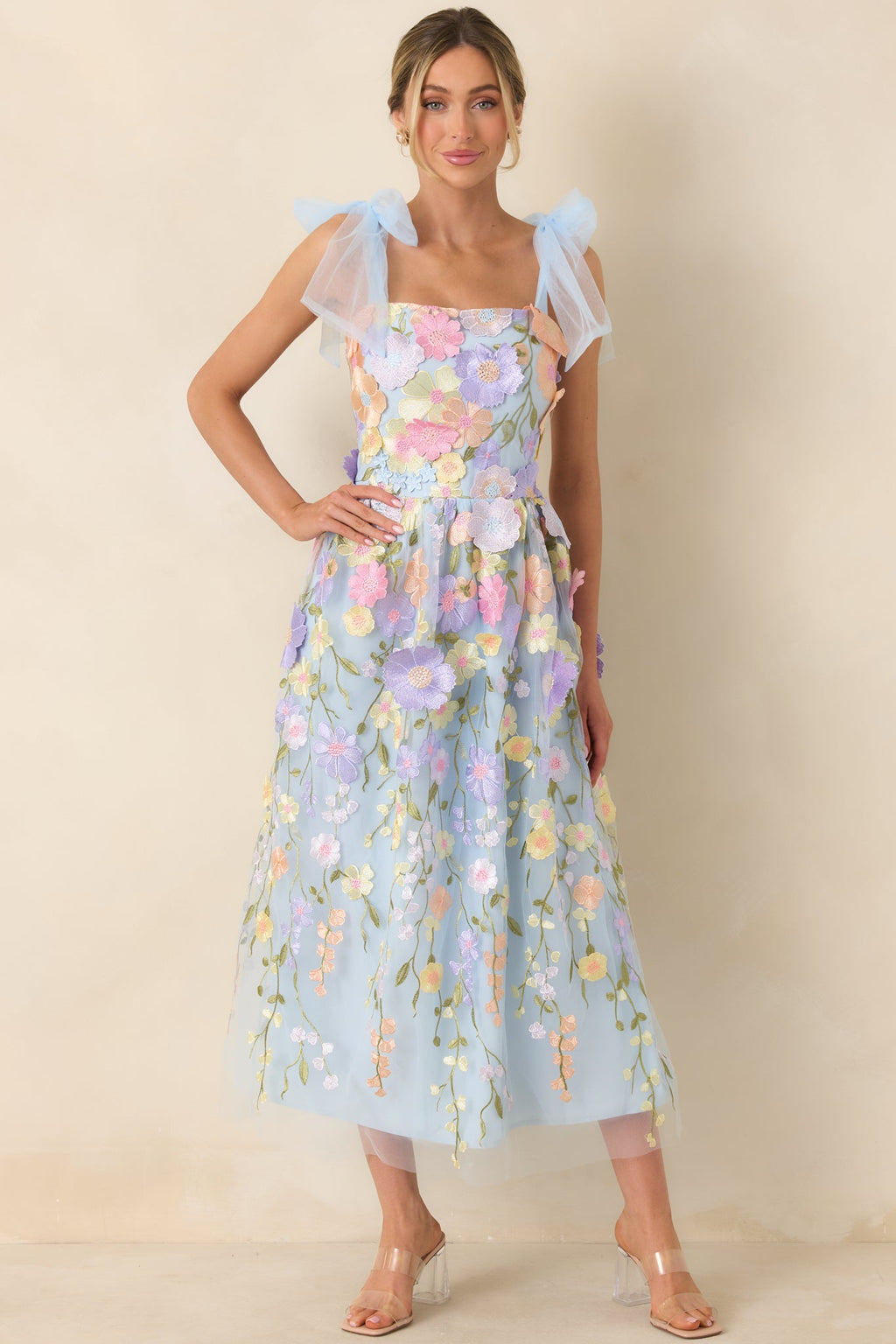 Spirit of Spring Light Blue Floral Embroidered Maxi Dress