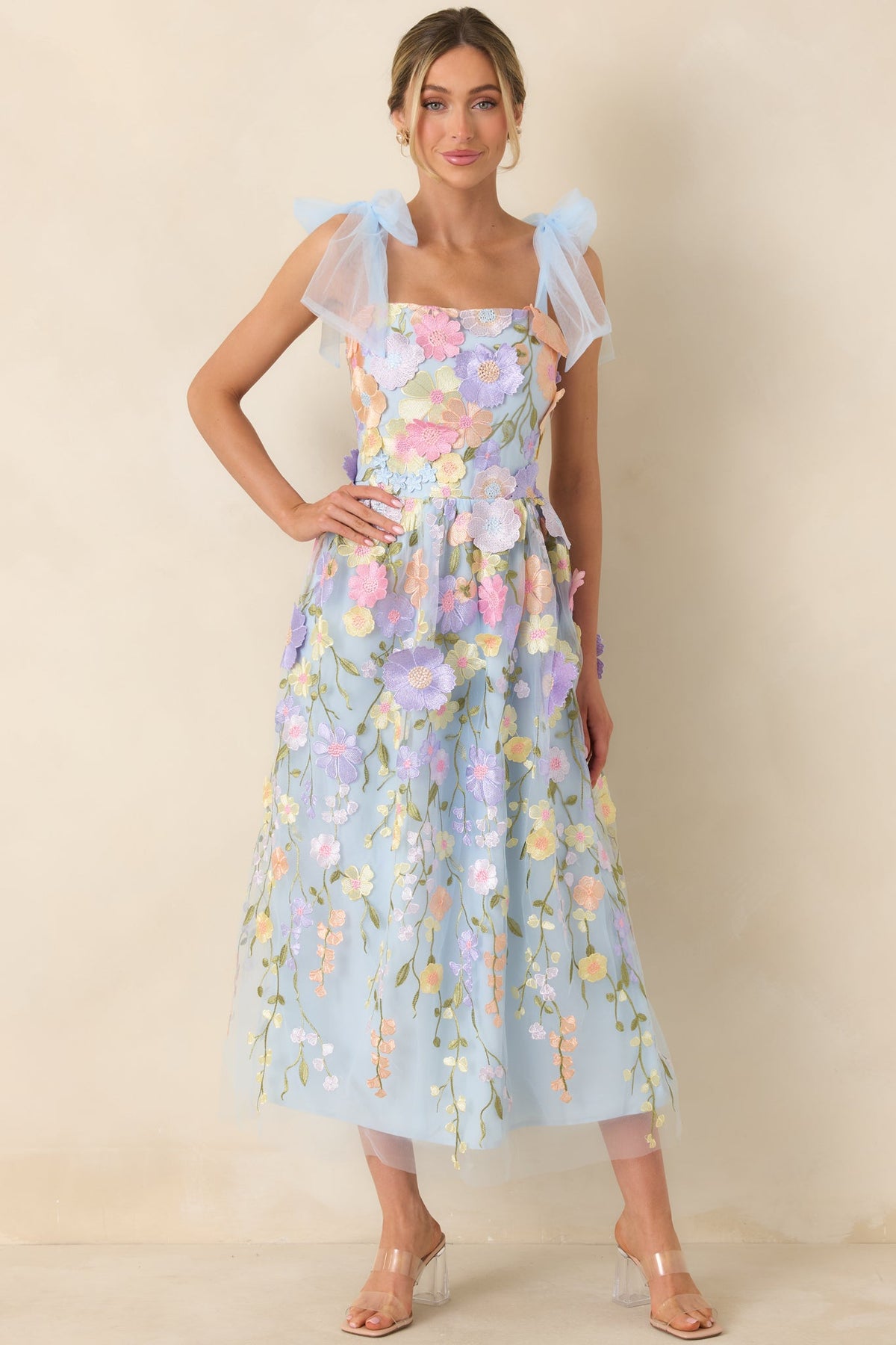 Spirit of Spring Light Blue Floral Embroidered Maxi Dress
