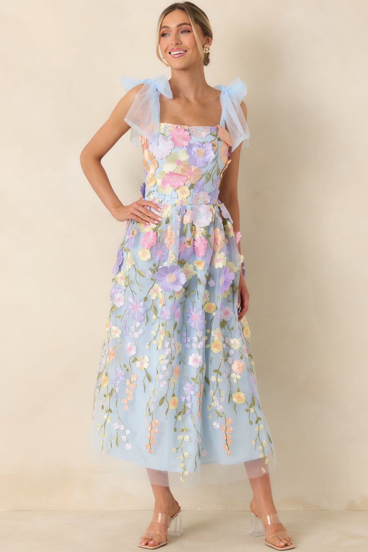 Spirit of Spring Light Blue Floral Embroidered Maxi Dress