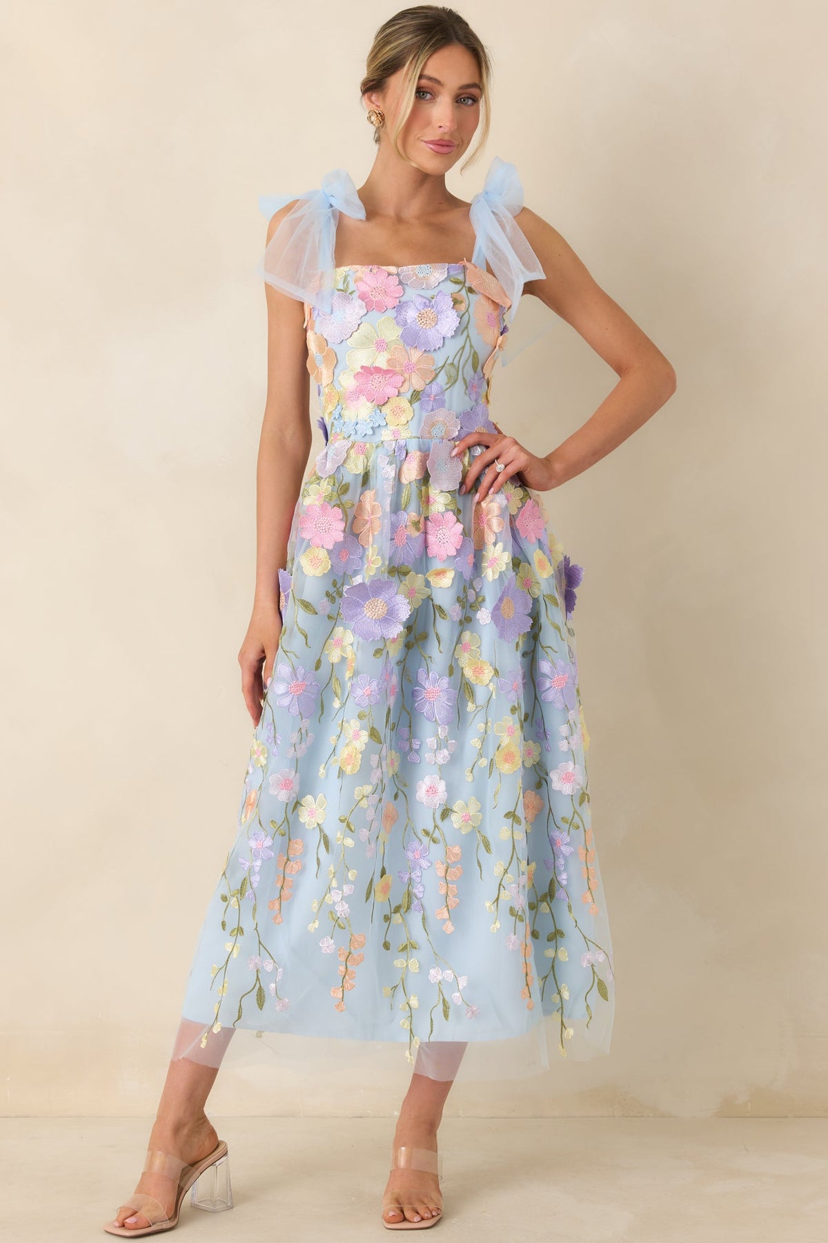 Spirit of Spring Light Blue Floral Embroidered Maxi Dress