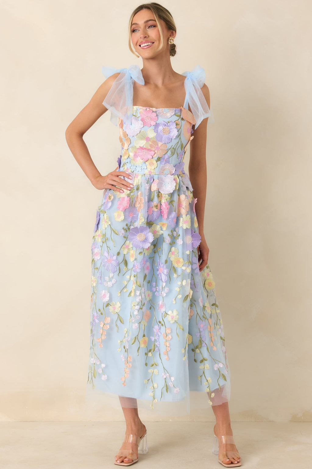 Spirit of Spring Light Blue Floral Embroidered Maxi Dress