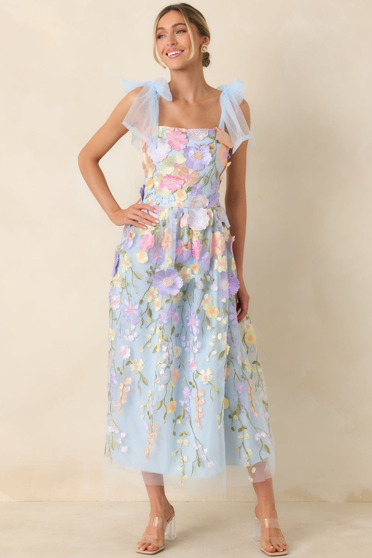 Spirit of Spring Light Blue Floral Embroidered Maxi Dress
