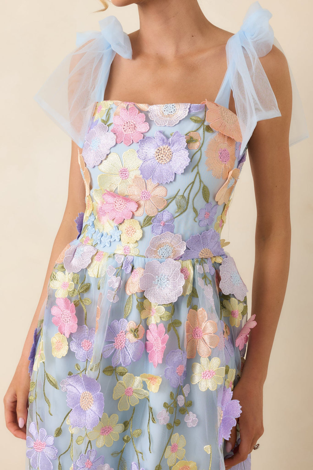 Spirit of Spring Light Blue Floral Embroidered Maxi Dress