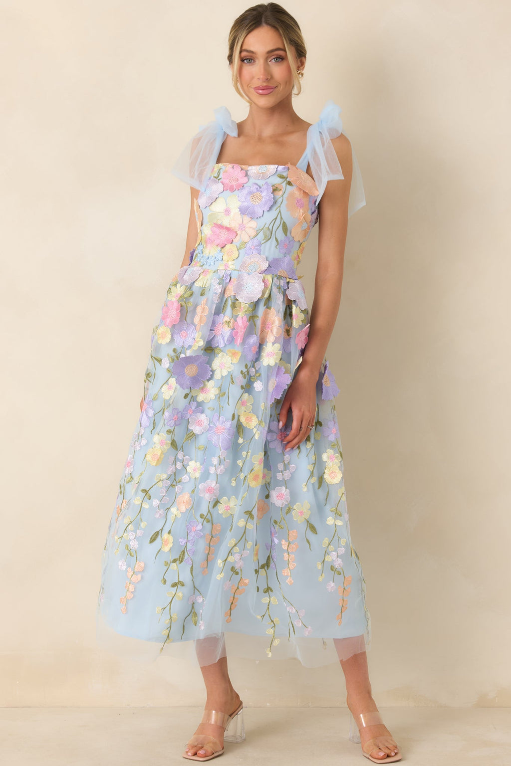 Spirit of Spring Light Blue Floral Embroidered Maxi Dress