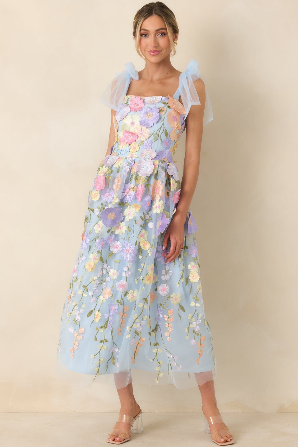 Spirit of Spring Light Blue Floral Embroidered Maxi Dress