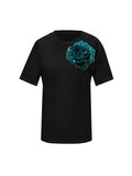 Black Cotton T-Shirt With Green Sided Rose