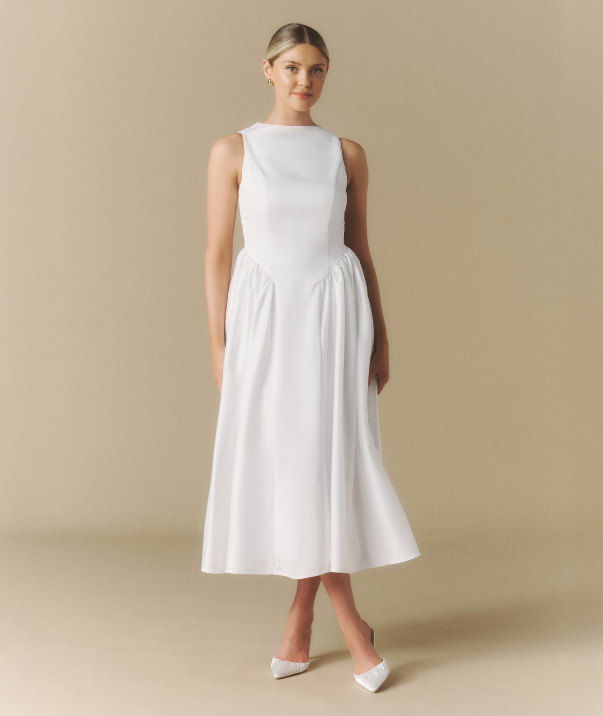 Bow Back Dropped Waist Midi Dress - White