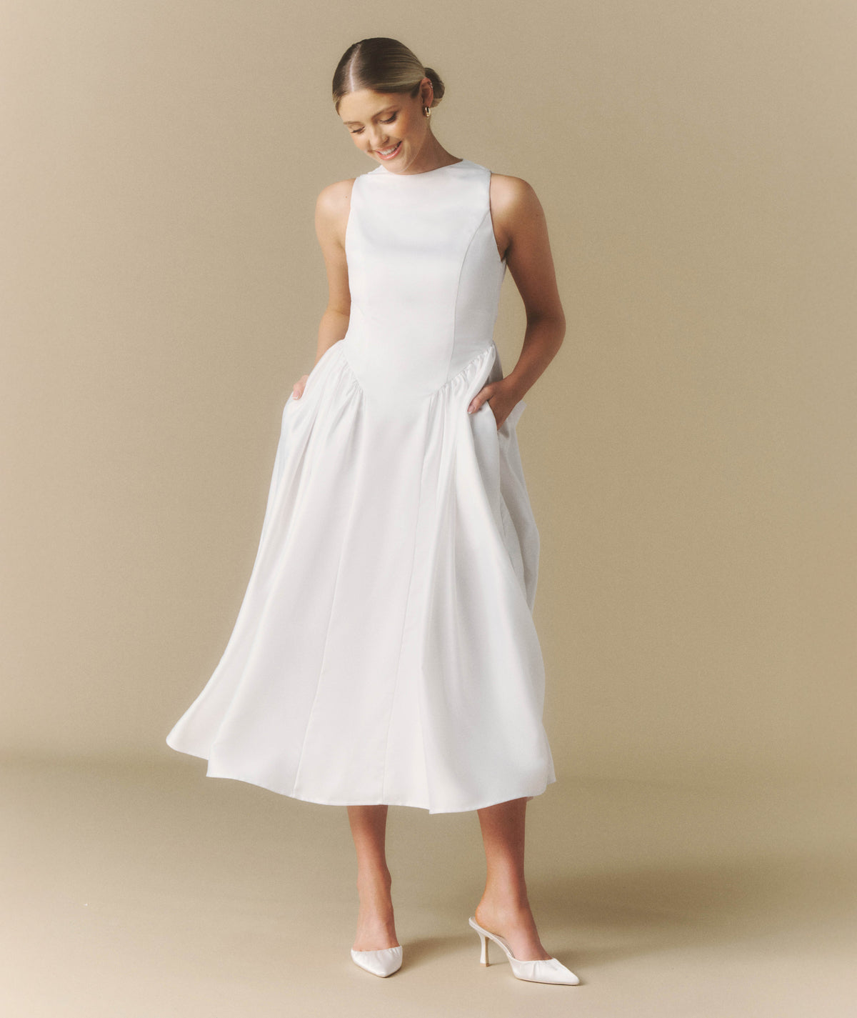 Bow Back Dropped Waist Midi Dress - White