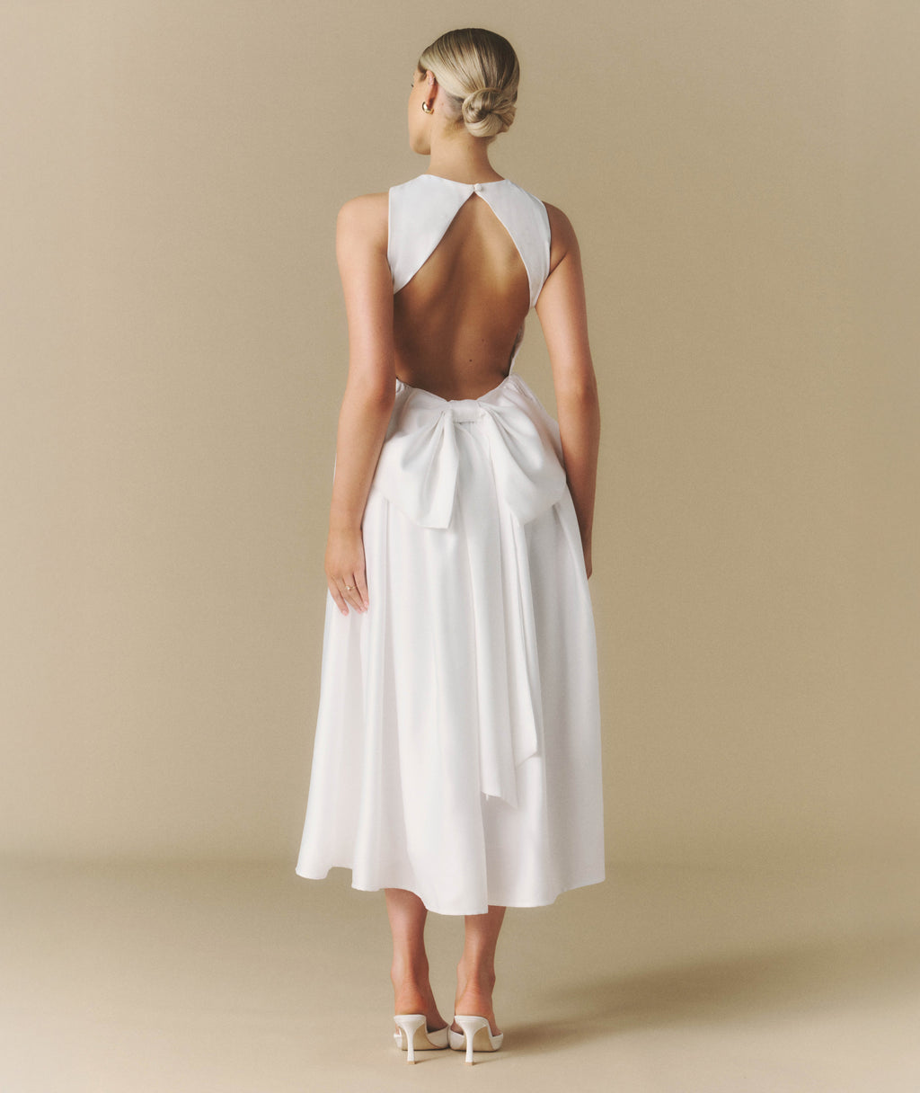 Bow Back Dropped Waist Midi Dress - White