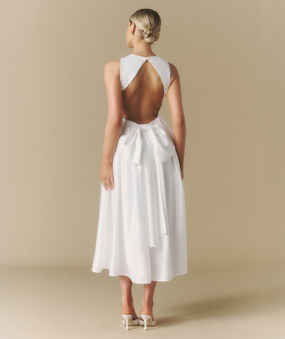 Bow Back Dropped Waist Midi Dress - White