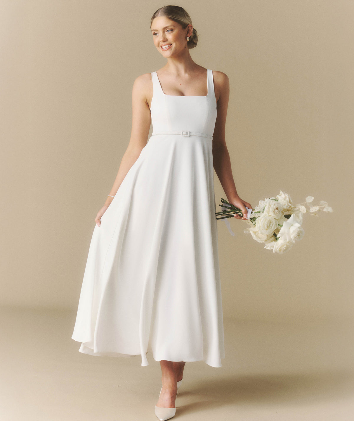 Square Neck Belted Midi Dress - White