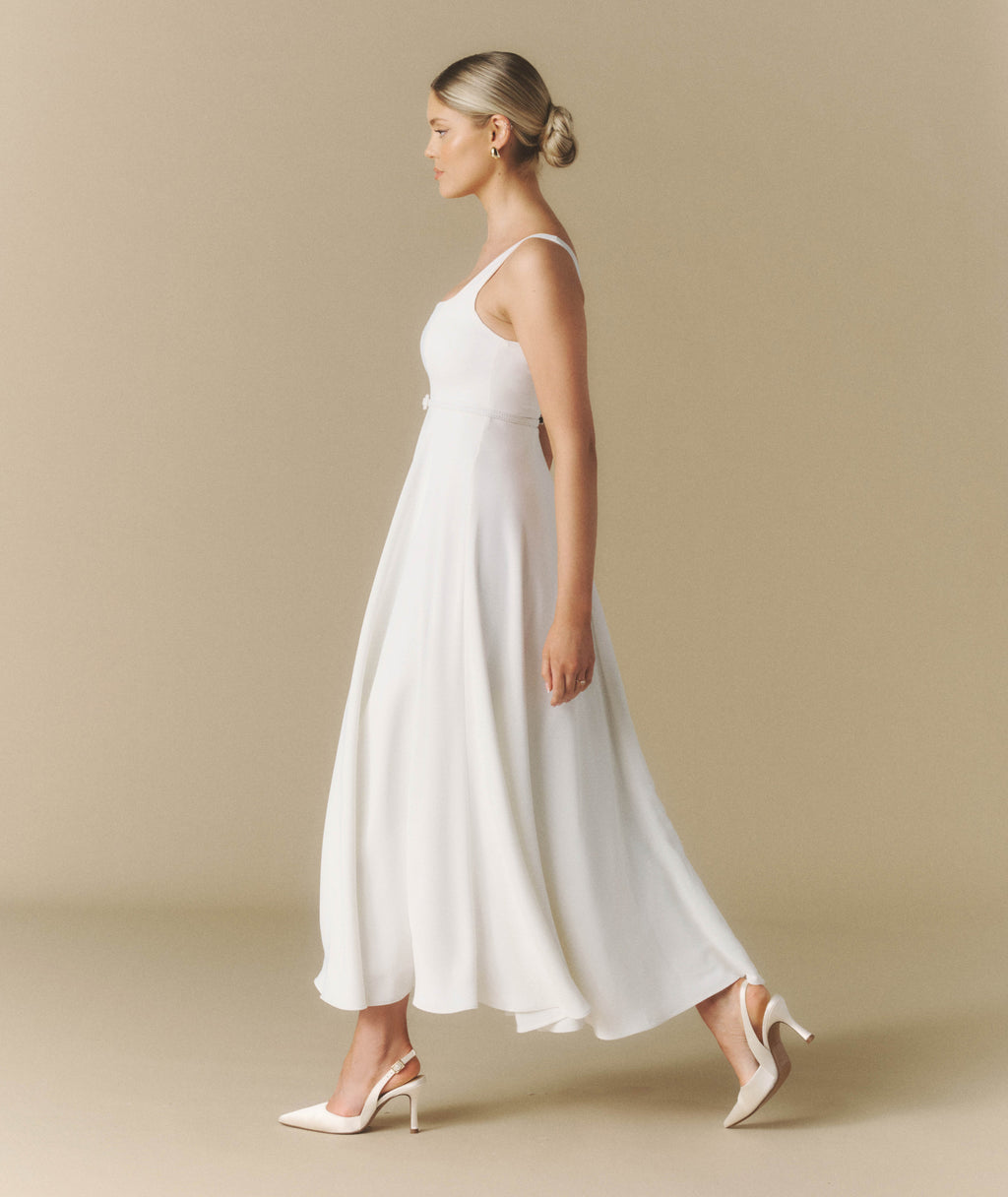 Square Neck Belted Midi Dress - White