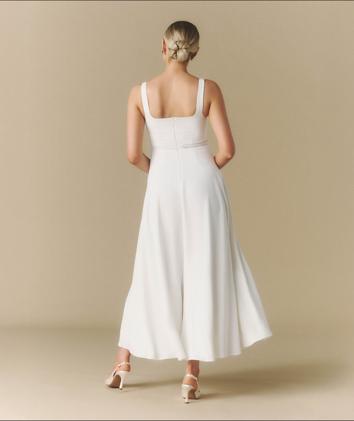 Square Neck Belted Midi Dress - White