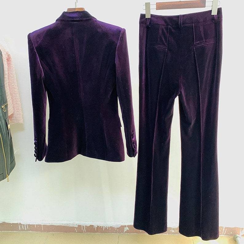 Women Green Velvet Blazer + Flare Trousers Suit