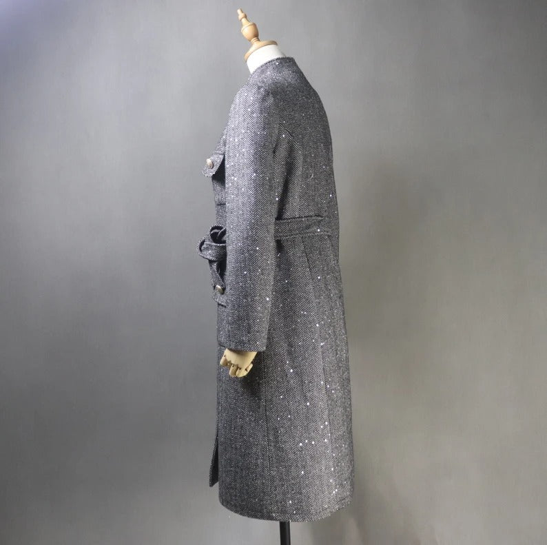 Women's Winter Tailor MADE 50% Wool Tweed Belted Long Warm Trench Coat Black