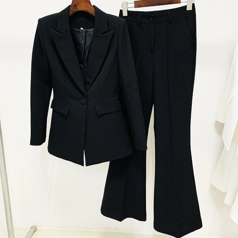 Women One-Button Blazer + Flare Trousers Suit - 6 Colors Available
