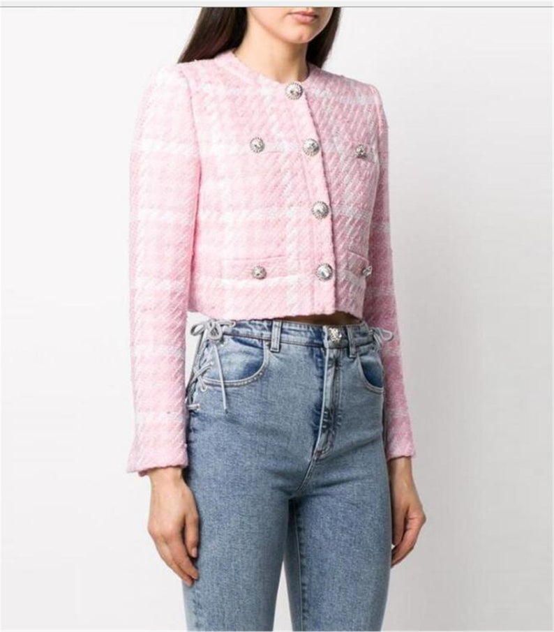 Women's Jewellery Buttons Tweed Pink Crop Blazer + Skirt